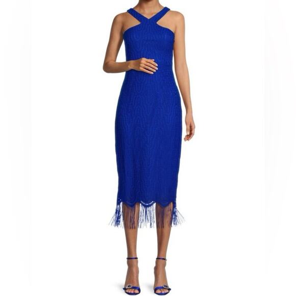 GUESS Halter Fringe Sheath Dress Cobalt Blue Women’s Sz 14 NWT - Picture 1 of 8